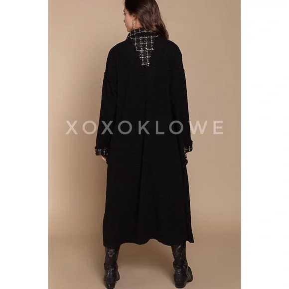 POL Black Sherpa Tweed Long Jacket | Relaxed Fit Faux Fur Sparkly Maxi Coat - Picture 6 of 11